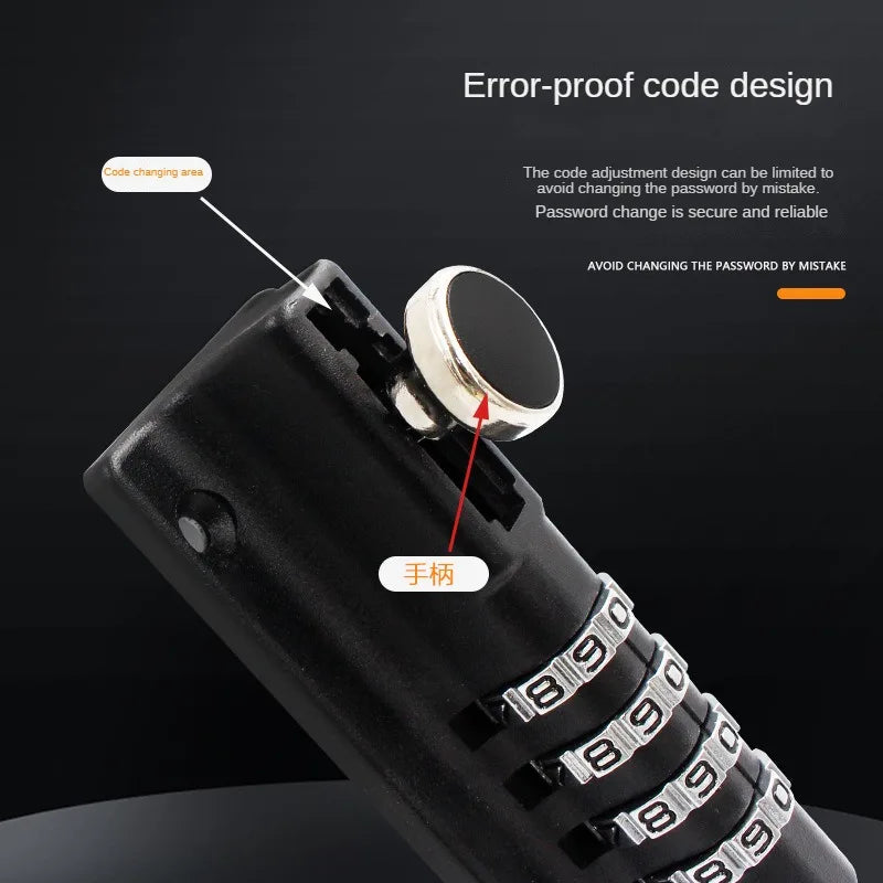 Black metal combination lock featuring a round knob and a numbered code adjustment mechanism.