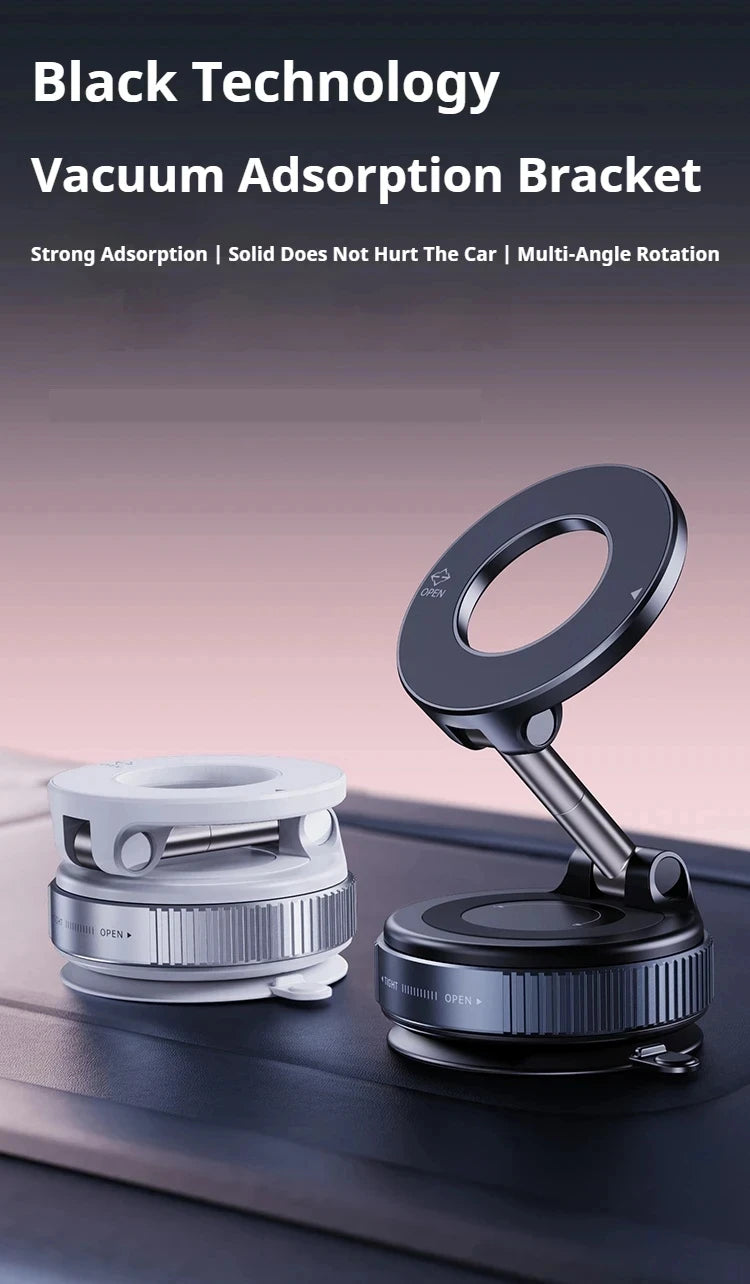 Two sleek, circular vacuum suction car phone mounts in white and black with adjustable multi-angle rotation arms.