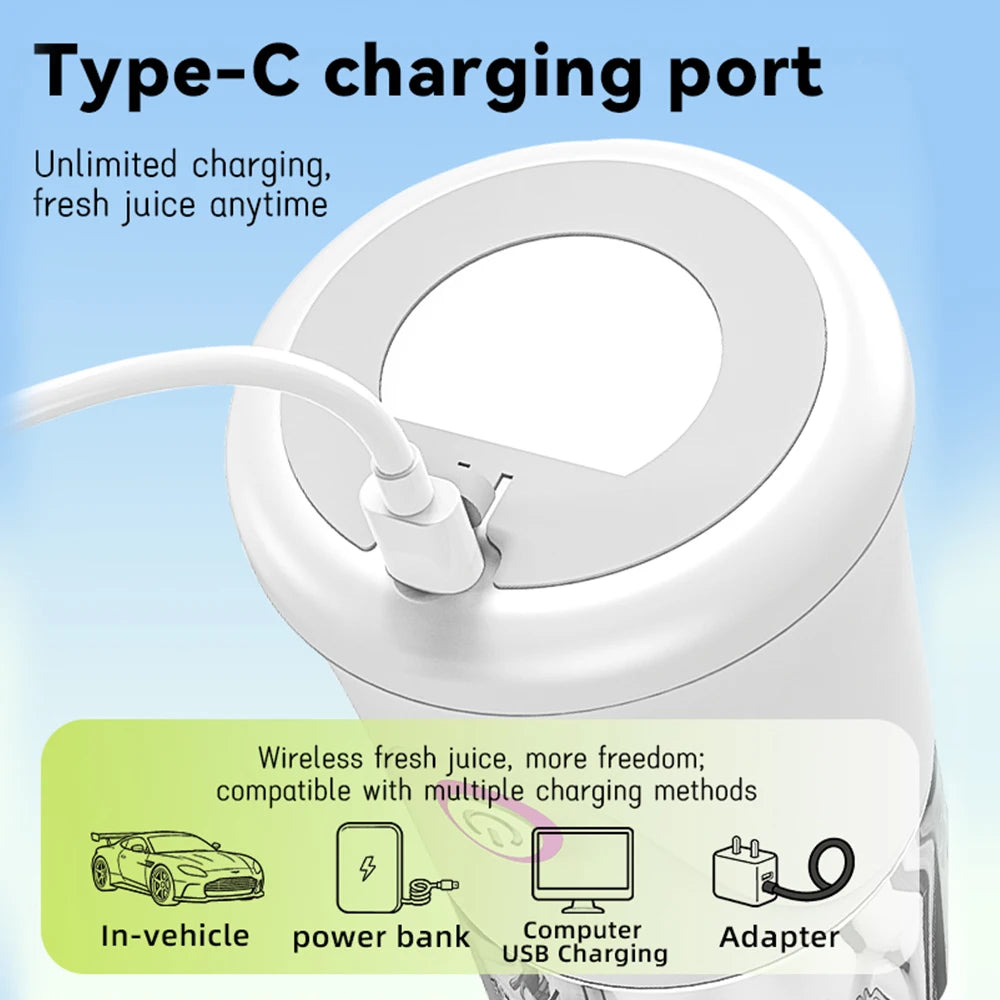 White portable blender lid with a Type-C charging port, shown with a charging cable and compatibility icons.
