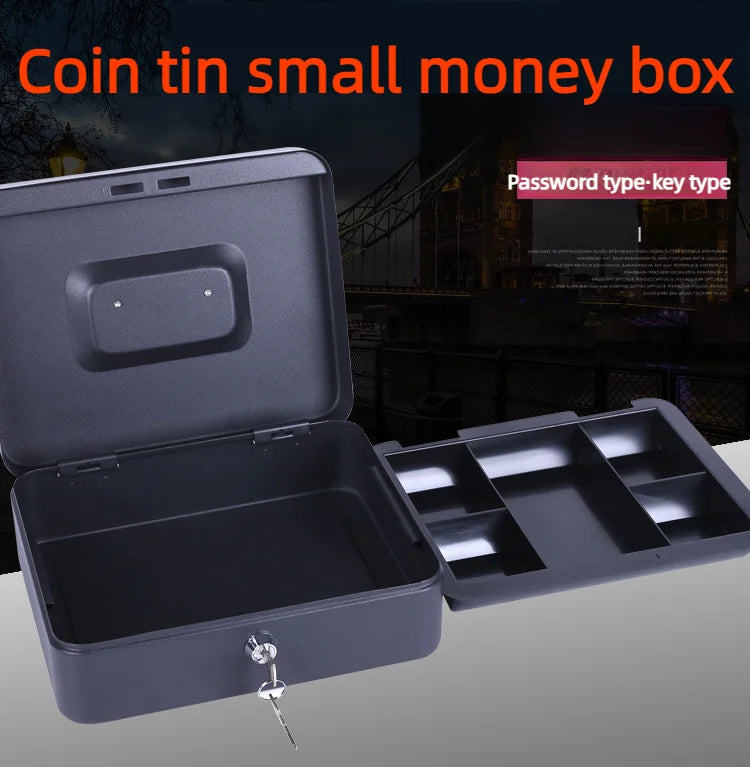 Black metal cash box with a keyed lock and a removable plastic coin tray with multiple compartments.