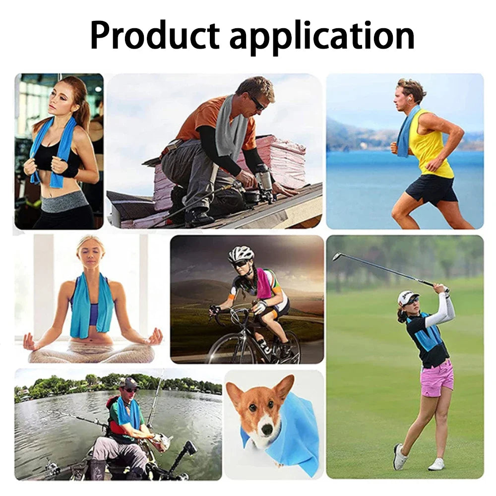 People using blue, grey, and pink cooling towels during various sports, outdoor activities, and on a dog.