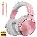 Pink wired, over-ear studio headphones with white cushioned ear pads, adjustable headband, and gold-plated connectors.
