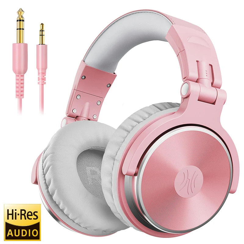 Pink wired, over-ear studio headphones with white cushioned ear pads, adjustable headband, and gold-plated connectors.