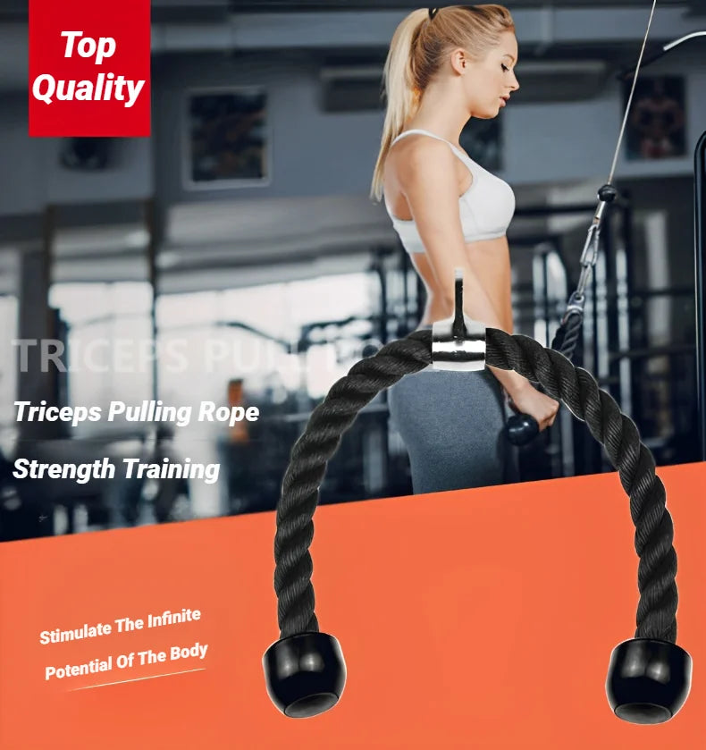 Black braided tricep pull rope attachment with a central chrome connector and solid black end stoppers.