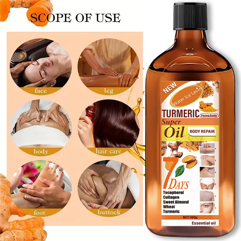 Amber bottle of turmeric body oil with label showing usage examples for face, hair, and body skin repair.