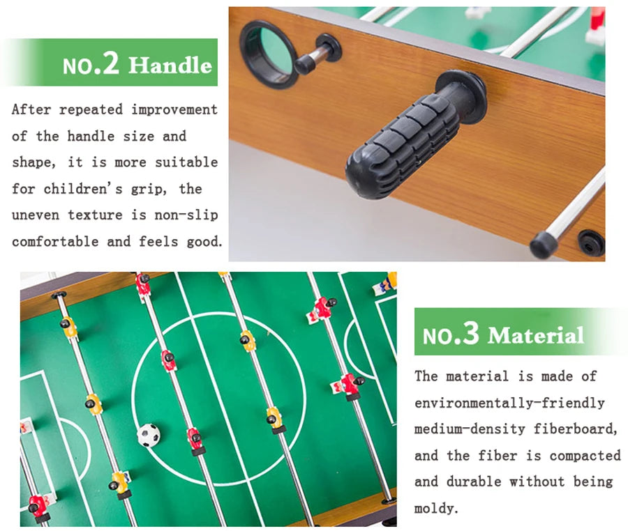 Wood-effect foosball table with non-slip black textured grips and a durable green playfield with red and yellow players.
