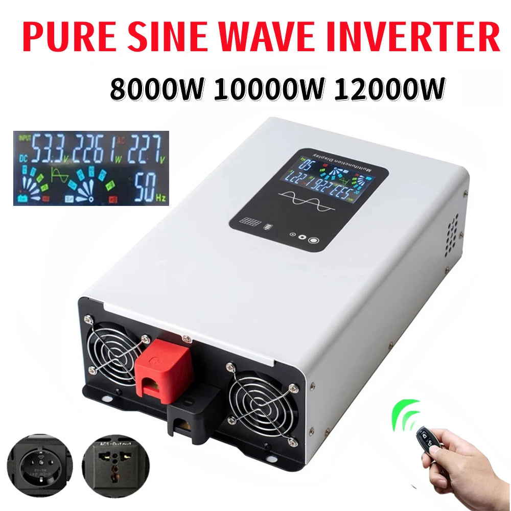 White pure sine wave power inverter with a digital display, cooling fans, red terminal, and a remote control.