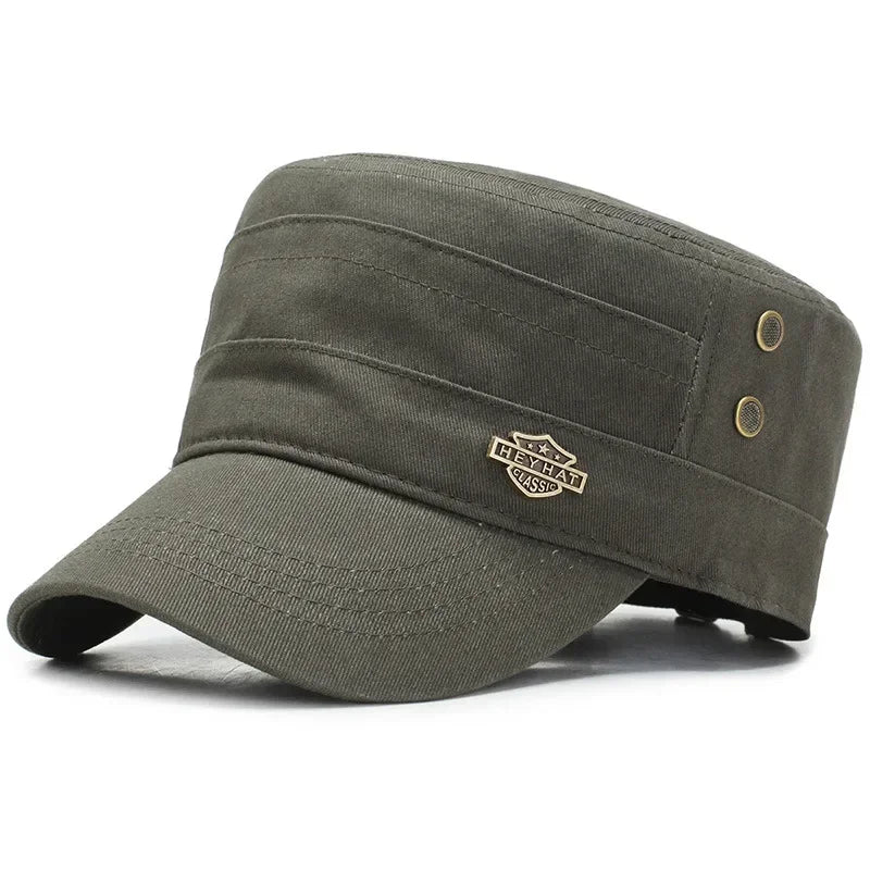 Khaki green cotton military-style cadet cap with a flat top, short peak, and decorative metal side accents.