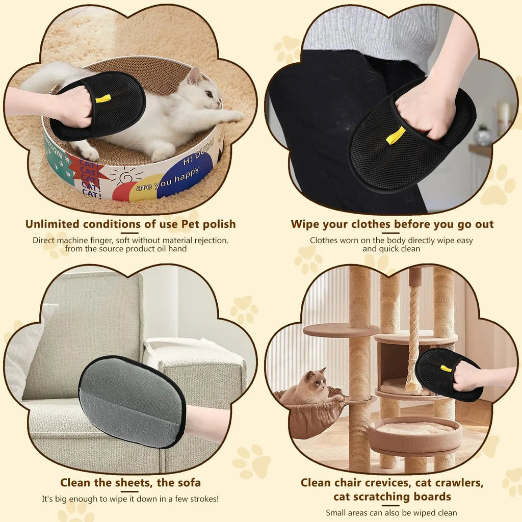 Black and grey oval lint-removing pet hair cleaning mitt with a yellow tab, shown in use on clothes and furniture.