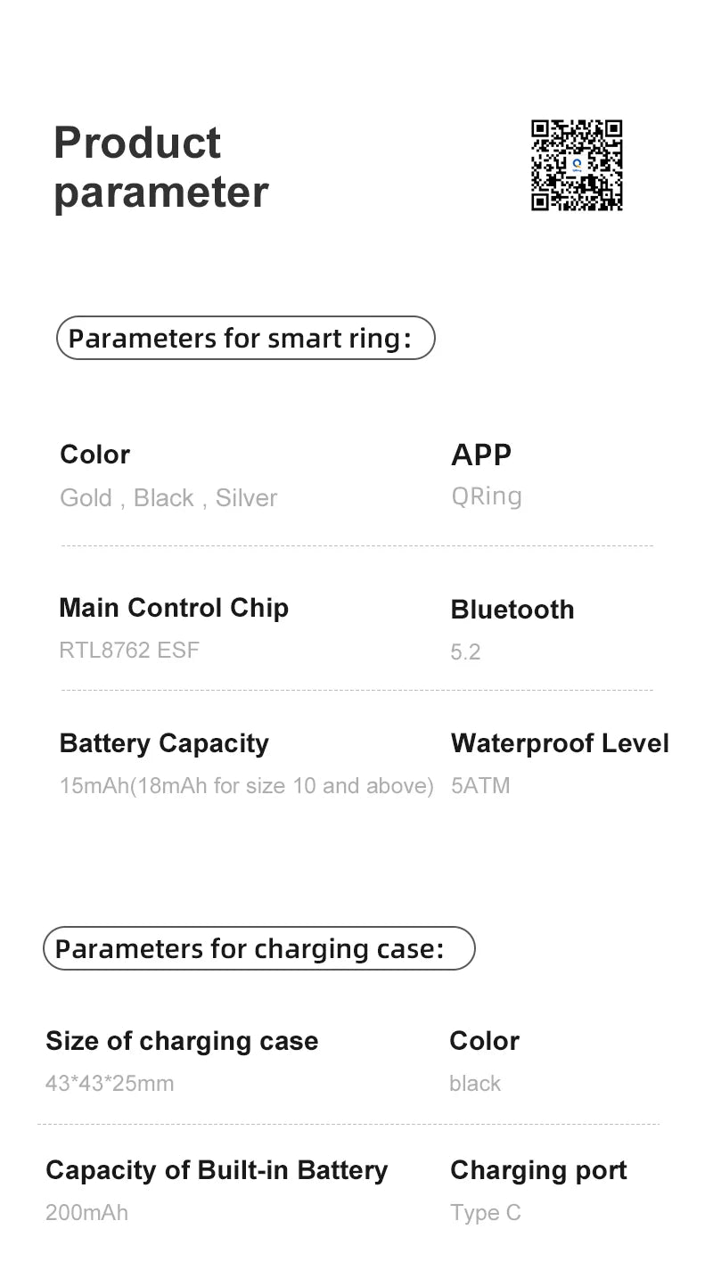 Specifications table for a smart ring available in gold, black, or silver, featuring a black USB-C charging case.