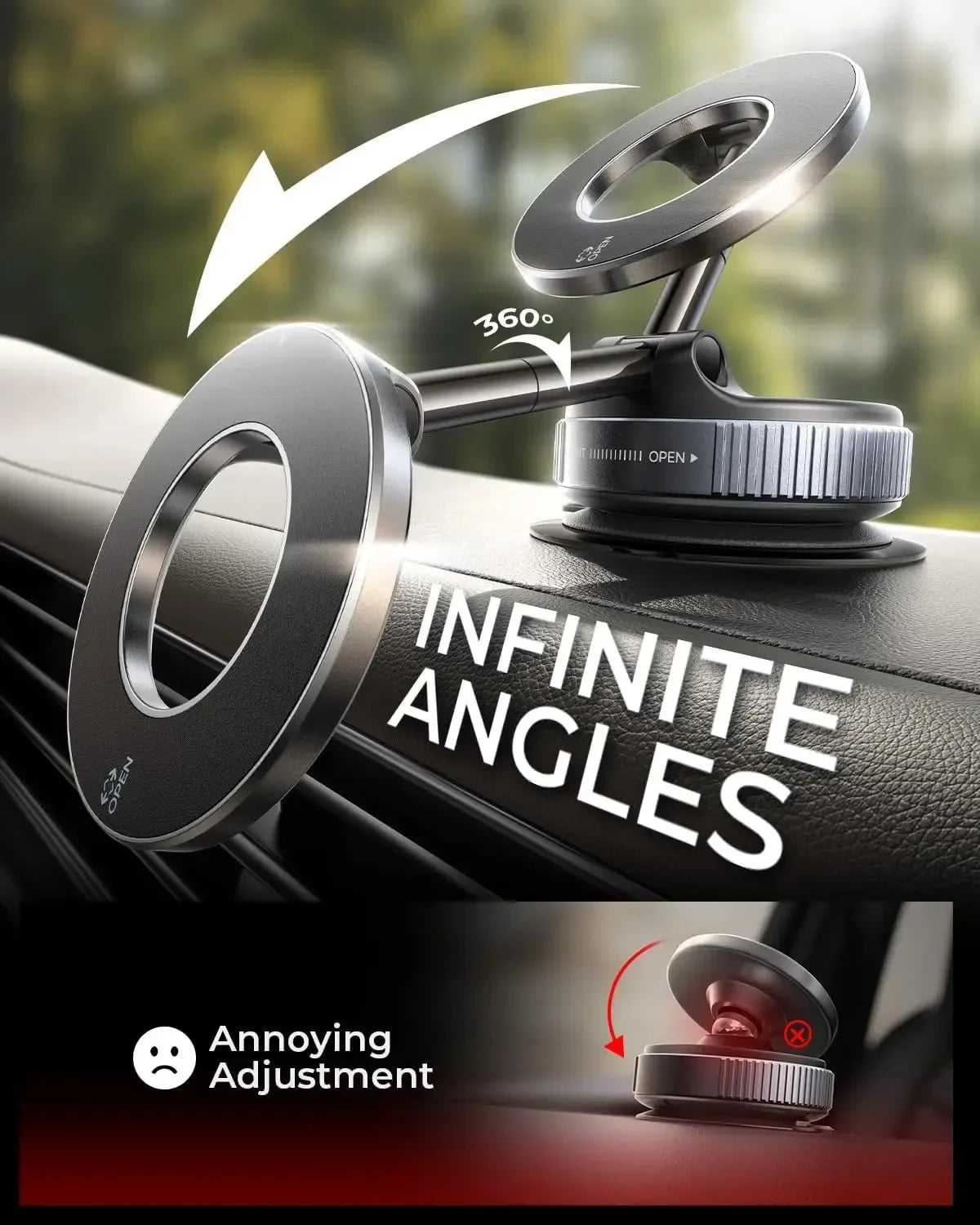Adjustable metallic grey circular magnetic car phone mount with a rotating telescopic arm on a dashboard.