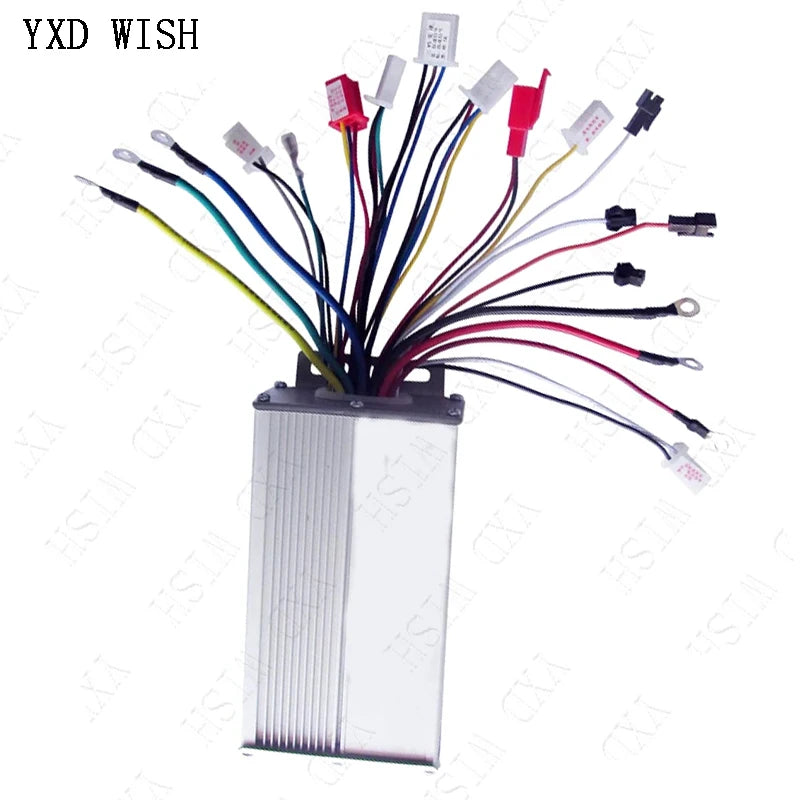 Silver rectangular E-bike brushless motor controller with numerous multi-colored wires.