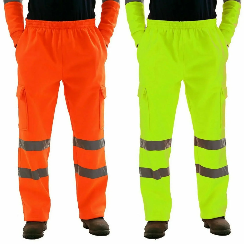Men's orange and yellow high-visibility workwear joggers with side cargo pockets and reflective leg bands.