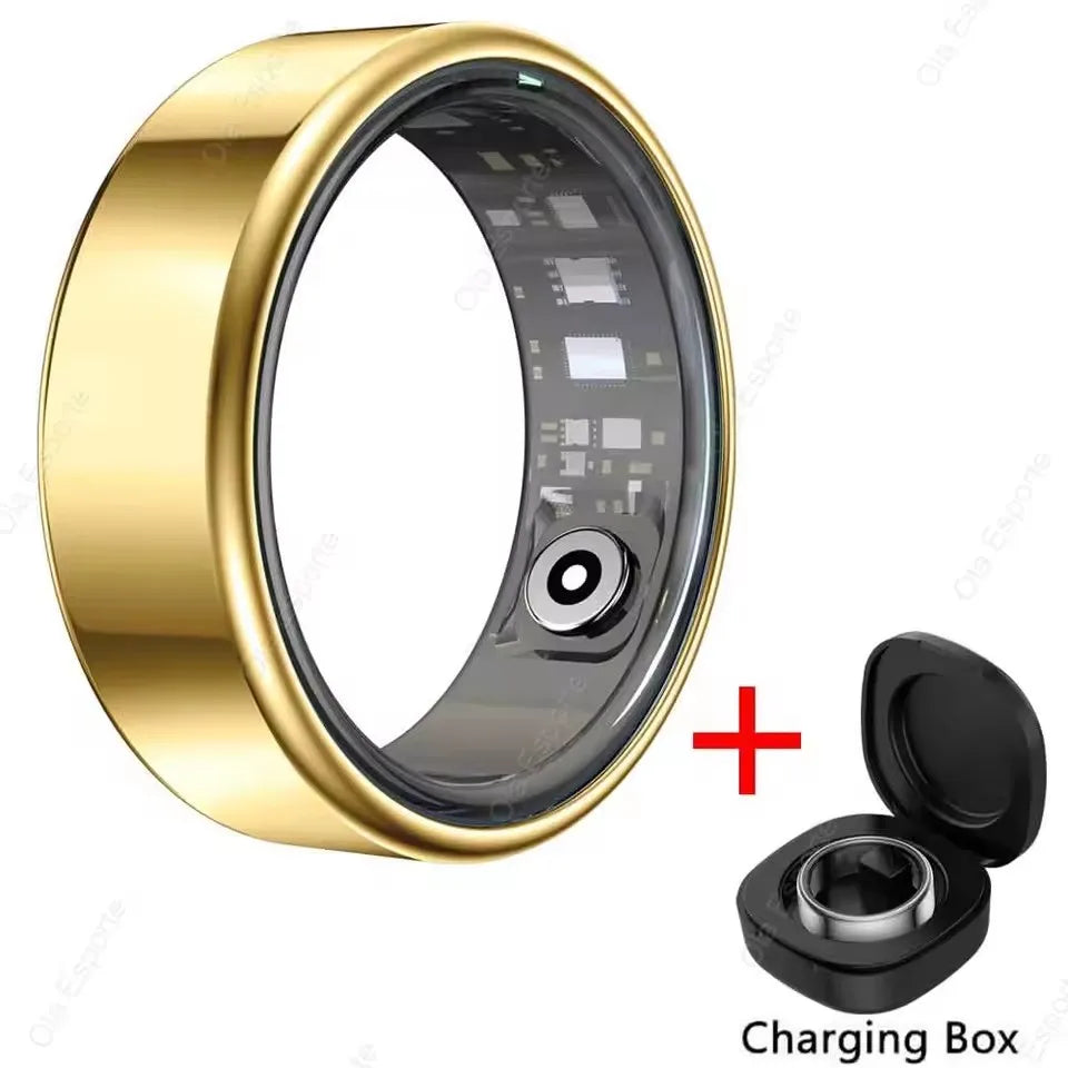 Sleek gold health and fitness smart ring with internal sensor details, shown alongside its black charging case.