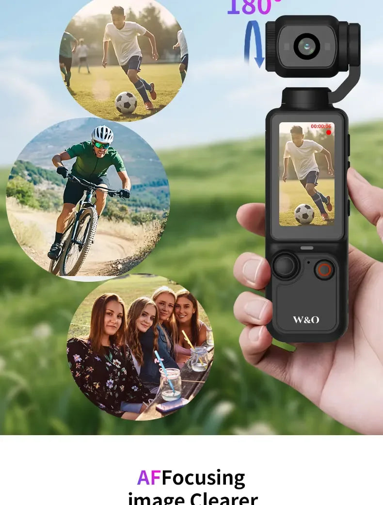 Black handheld gimbal camera with a vertical screen, control buttons, and a rotating lens head.