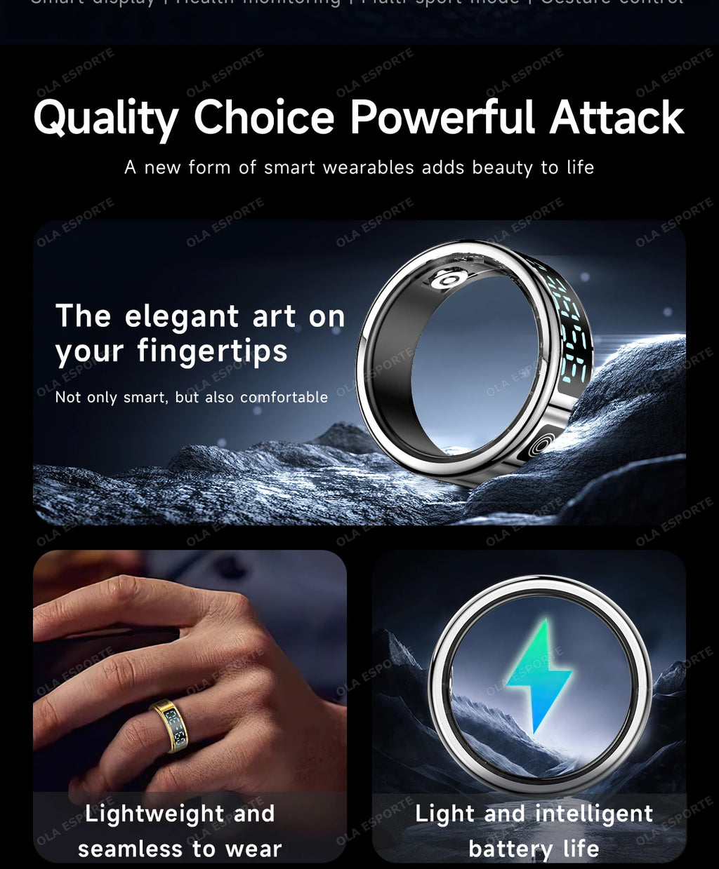 A sleek, silver smart health tracking ring with a digital display, shown worn on a finger and charging.