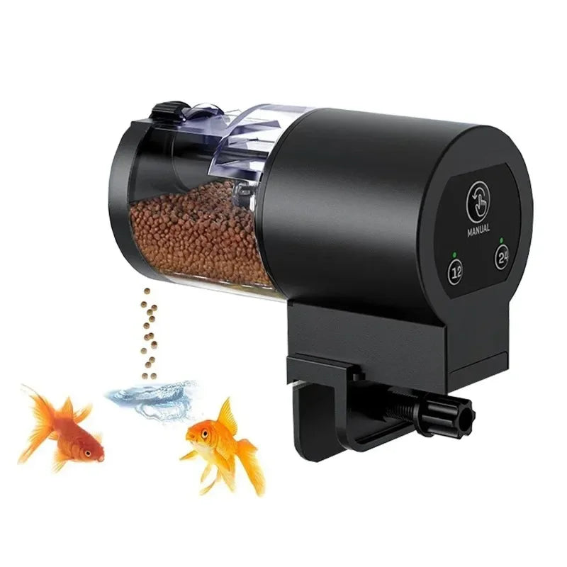Black automatic fish feeder with a clear food container, touch control panel, and adjustable clamp for aquarium mount.