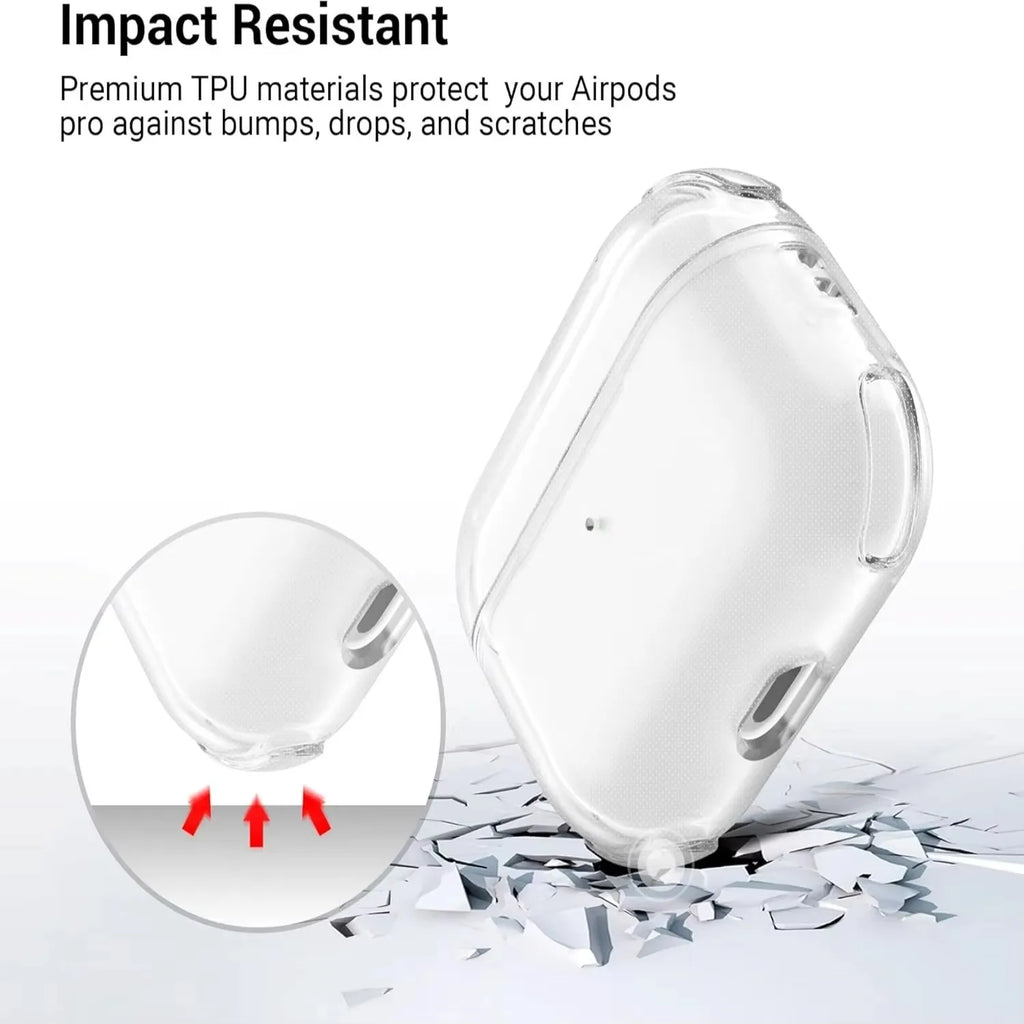 Clear, impact-resistant TPU protective case for Apple AirPods Pro.
