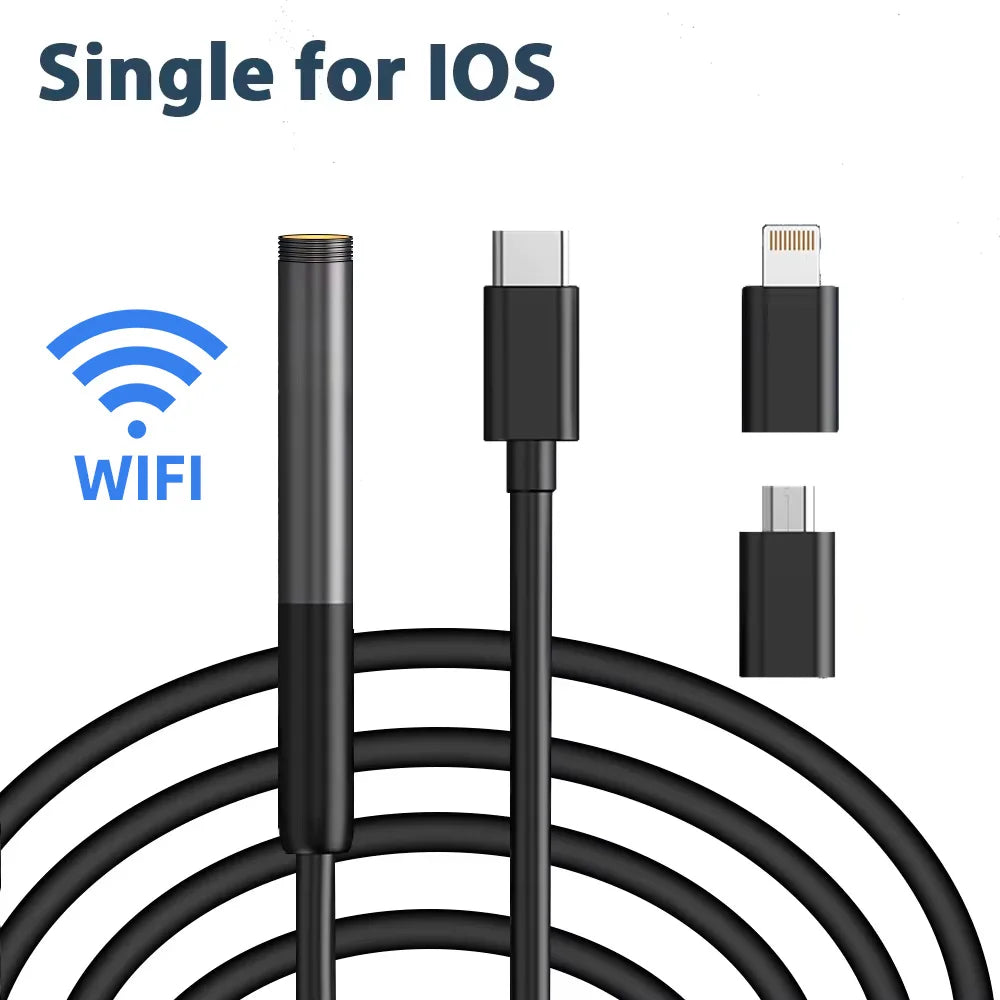 Black HD industrial inspection camera with coiled cable, Wi-Fi connectivity, and multiple mobile device adapters.