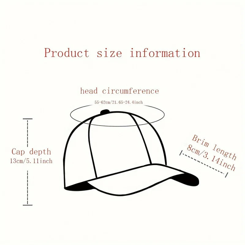 Diagram of a flat brim hip-hop cap showing dimensions for head circumference, cap depth, and brim length.