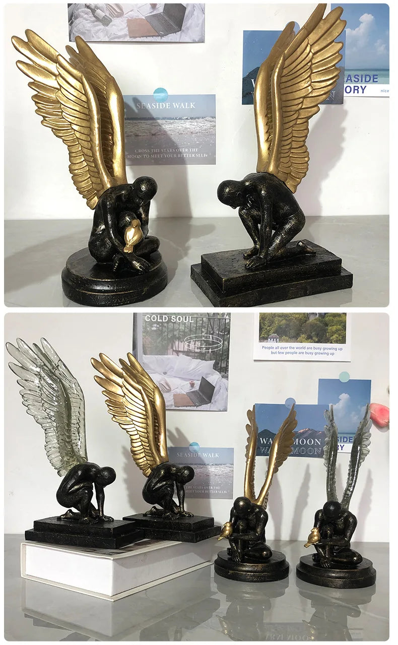 Set of black kneeling angel statues with large gold or translucent wings, perfect for decorative home shelf display.