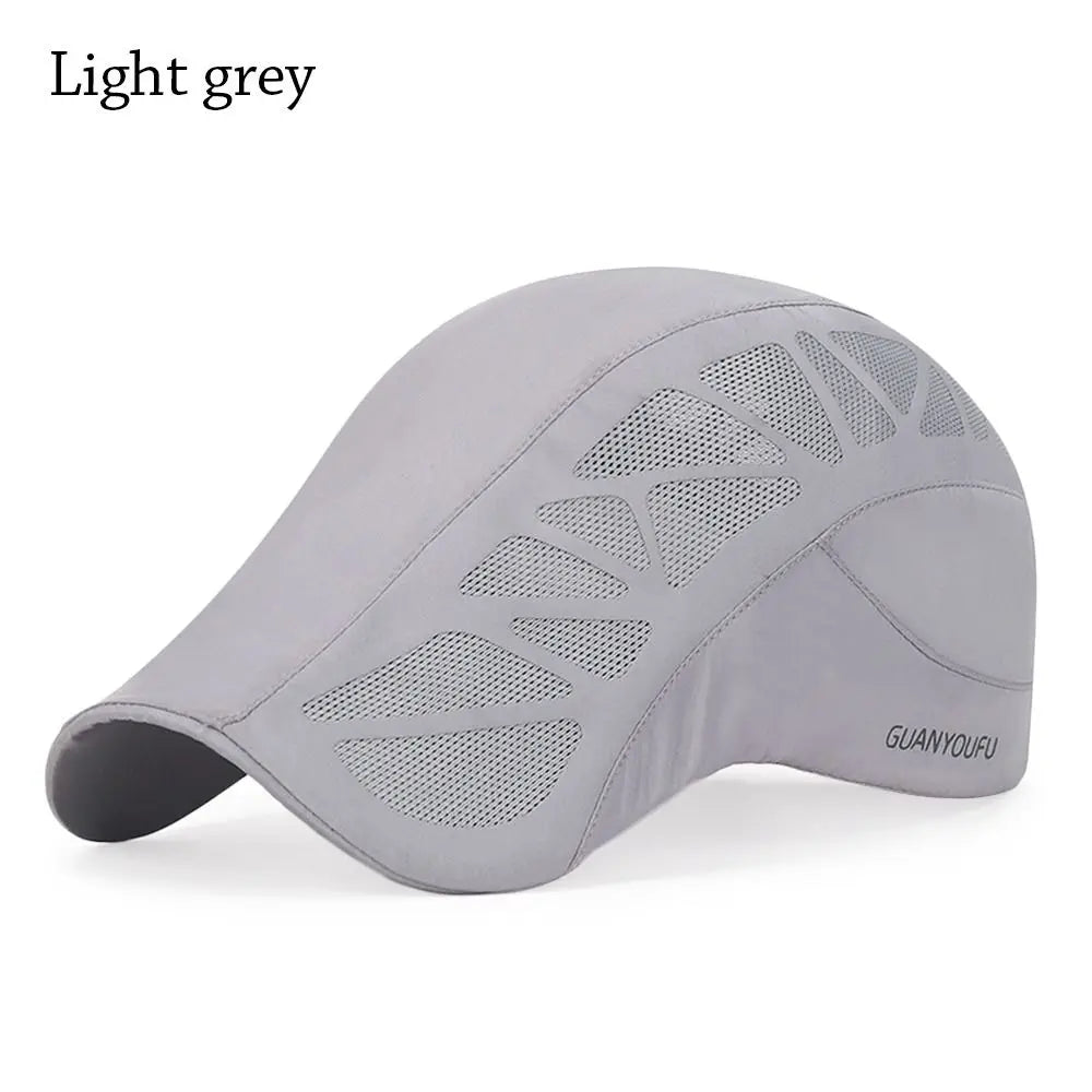Light grey men's flat cap with a structured peak and breathable mesh side panels.
