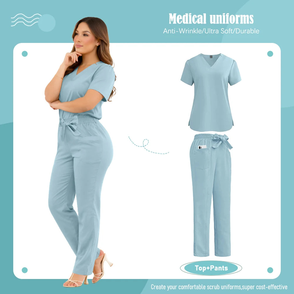 Model wearing a light blue V-neck medical scrub set with a tie-waist, pockets, and straight-leg trousers.
