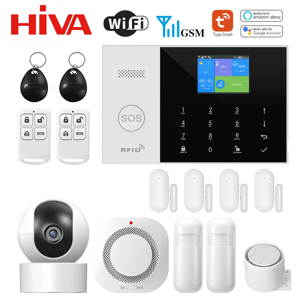 Wireless smart home alarm kit with touch screen panel, security camera, sensors, remote fobs, and RFID tags.