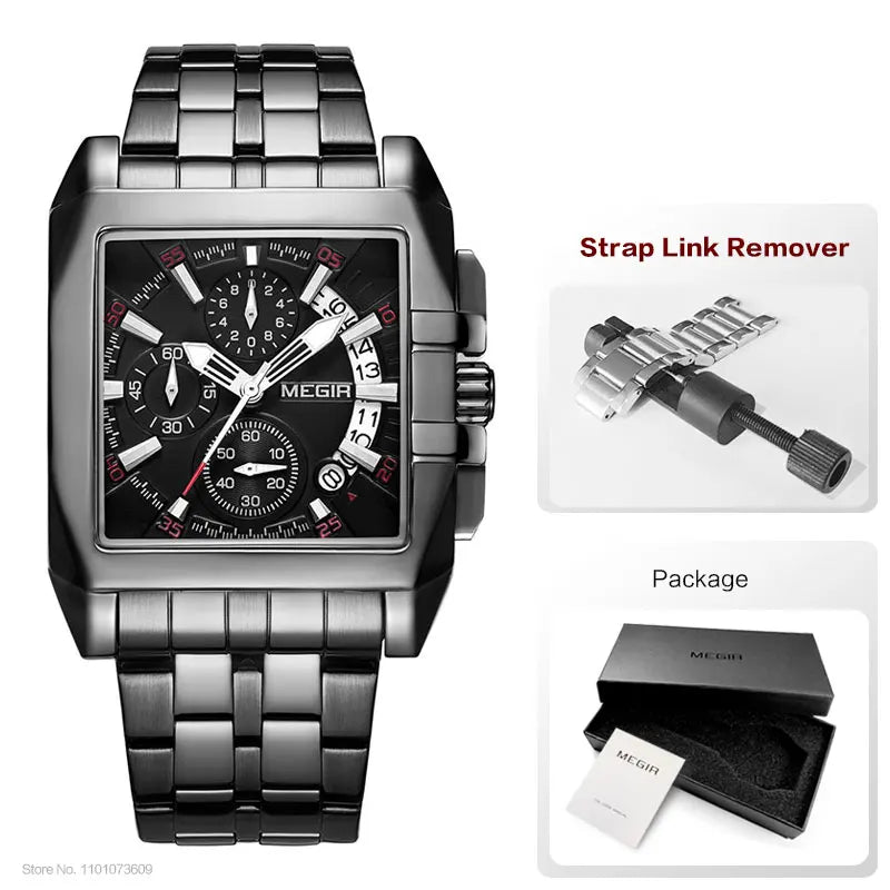Men's black stainless steel square chronograph watch with three sub-dials, complete with a strap link removal tool.