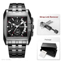 Men's black stainless steel square chronograph watch with three sub-dials, complete with a strap link removal tool.