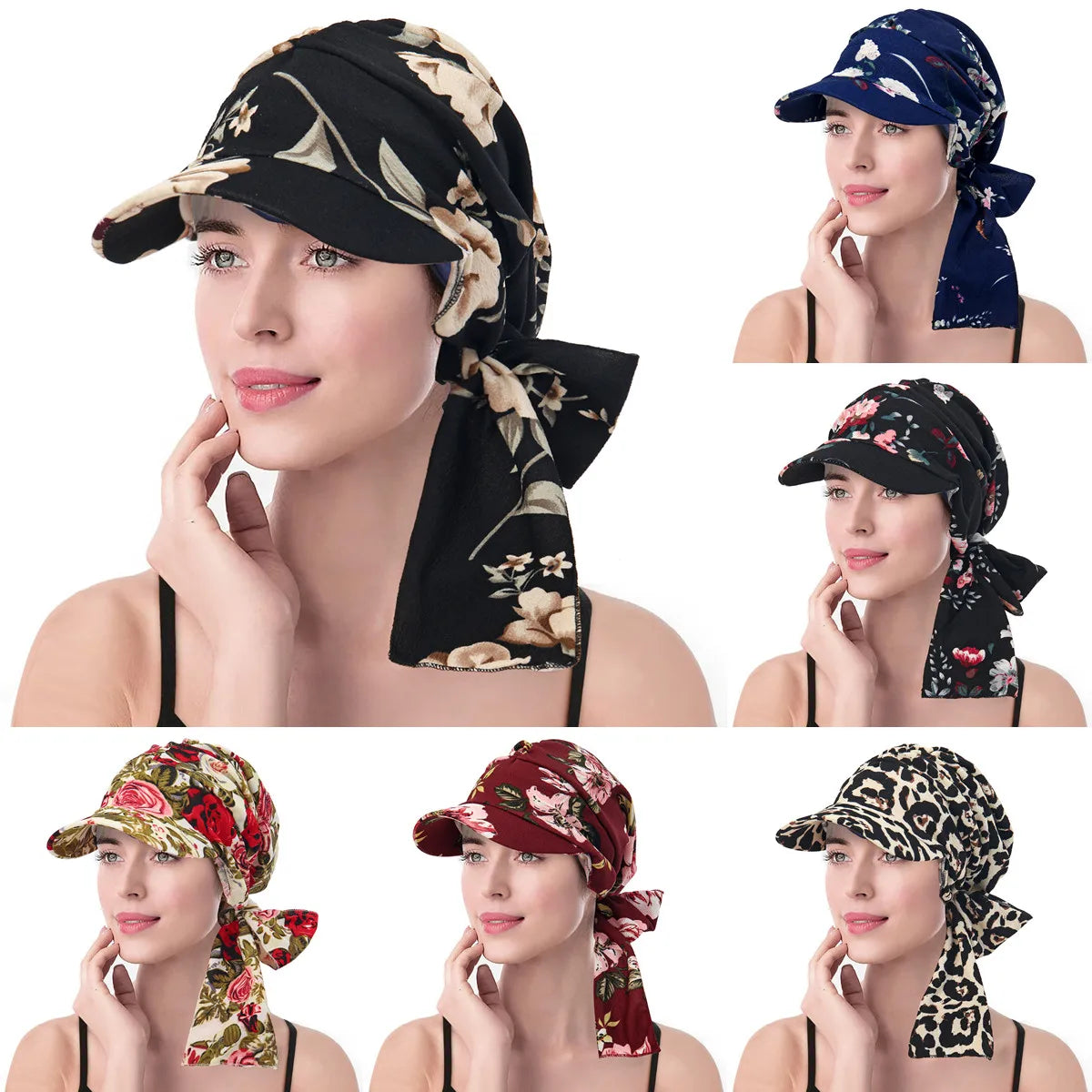 Model wearing vintage-style turban hats with brims, available in various floral and animal print patterns.