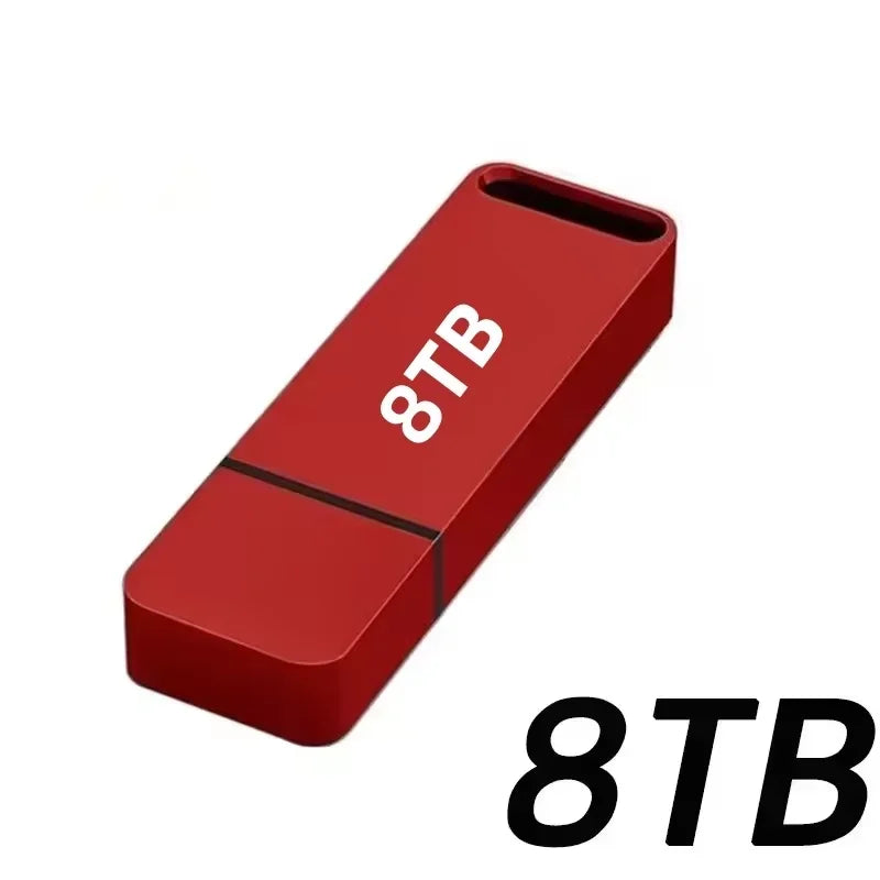 Red portable USB flash drive with a sleek, minimalist design and a lanyard attachment slot.