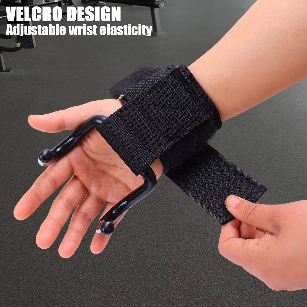 Black gym weightlifting hook with an adjustable Velcro wrist strap being fastened on a hand.