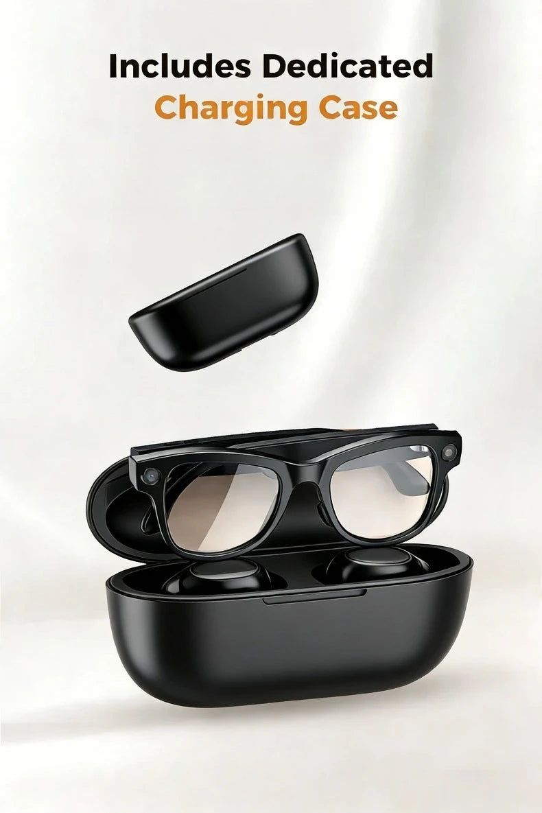 Black smart video recording glasses with Bluetooth audio, shown resting inside their sleek black charging case.