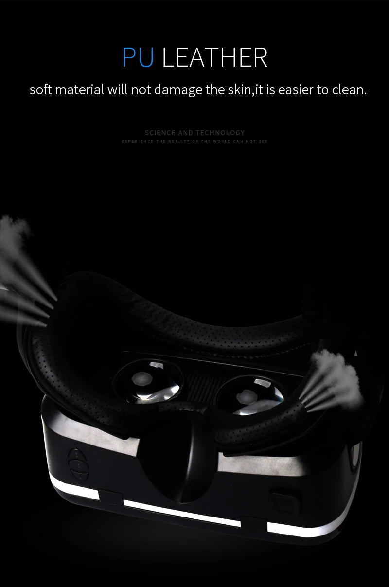 Black 3D virtual reality headset with soft, perforated PU leather padding for comfort and easy cleaning.