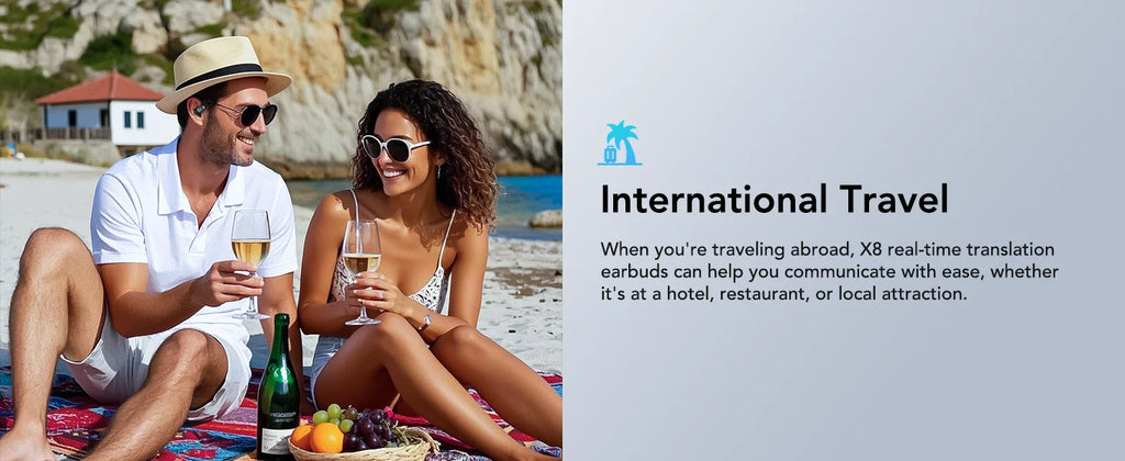 A couple on a beach with white clothing and sunglasses, beside text about real-time translation earbuds for travel.