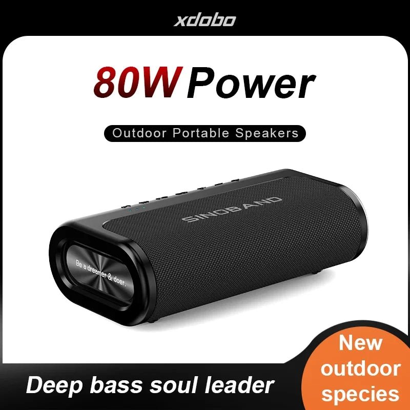 A rectangular, black wireless portable speaker with 80W power, featuring a mesh finish and side bass drivers.