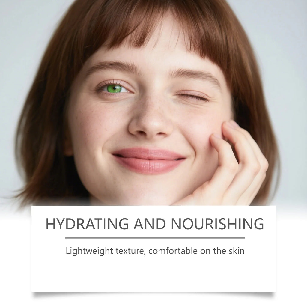A winking woman with natural skin and a vibrant green eye, highlighting a hydrating, lightweight, and nourishing product.