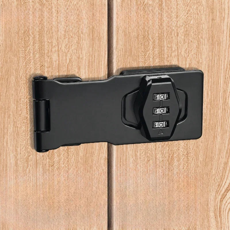 Black metal safety hasp lock with a three-digit combination dial, mounted on light wood-grain cabinet doors.