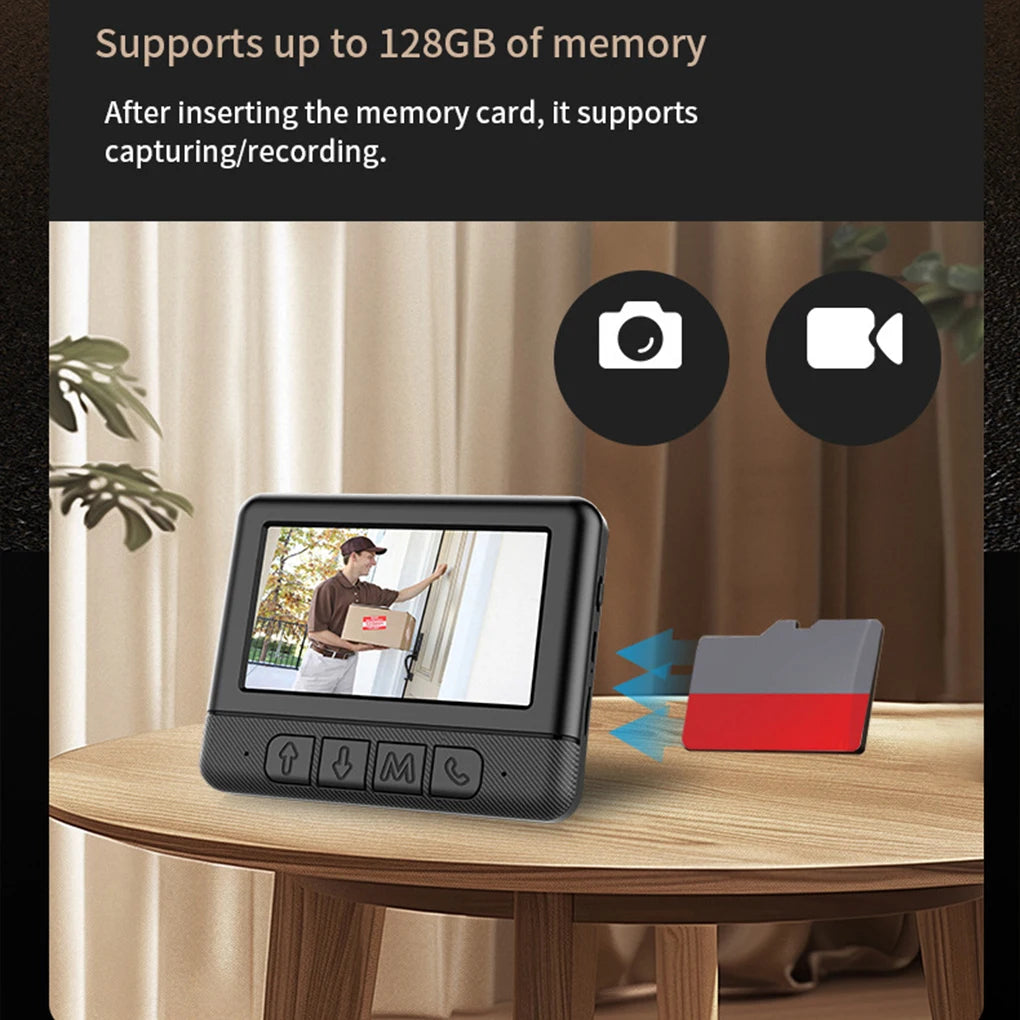 Black wireless video doorbell monitor with 4.3-inch screen, physical buttons, and support for 128GB memory card storage.