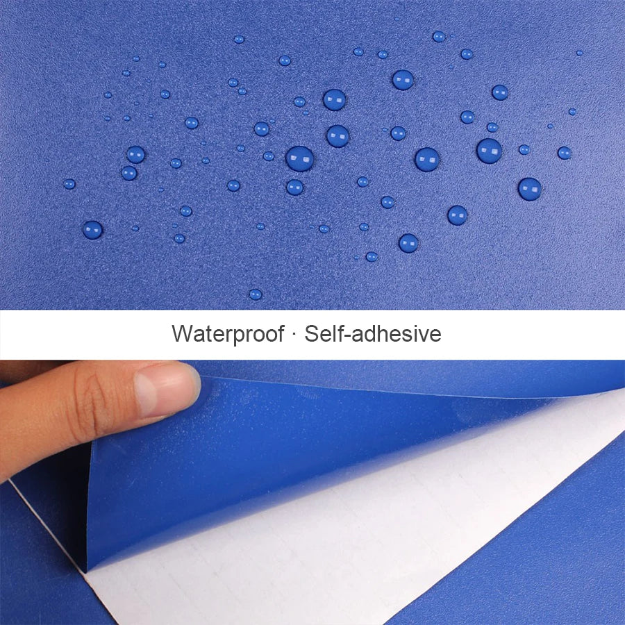 Blue matte self-adhesive wallpaper being peeled back, featuring a textured, waterproof surface with water droplets.