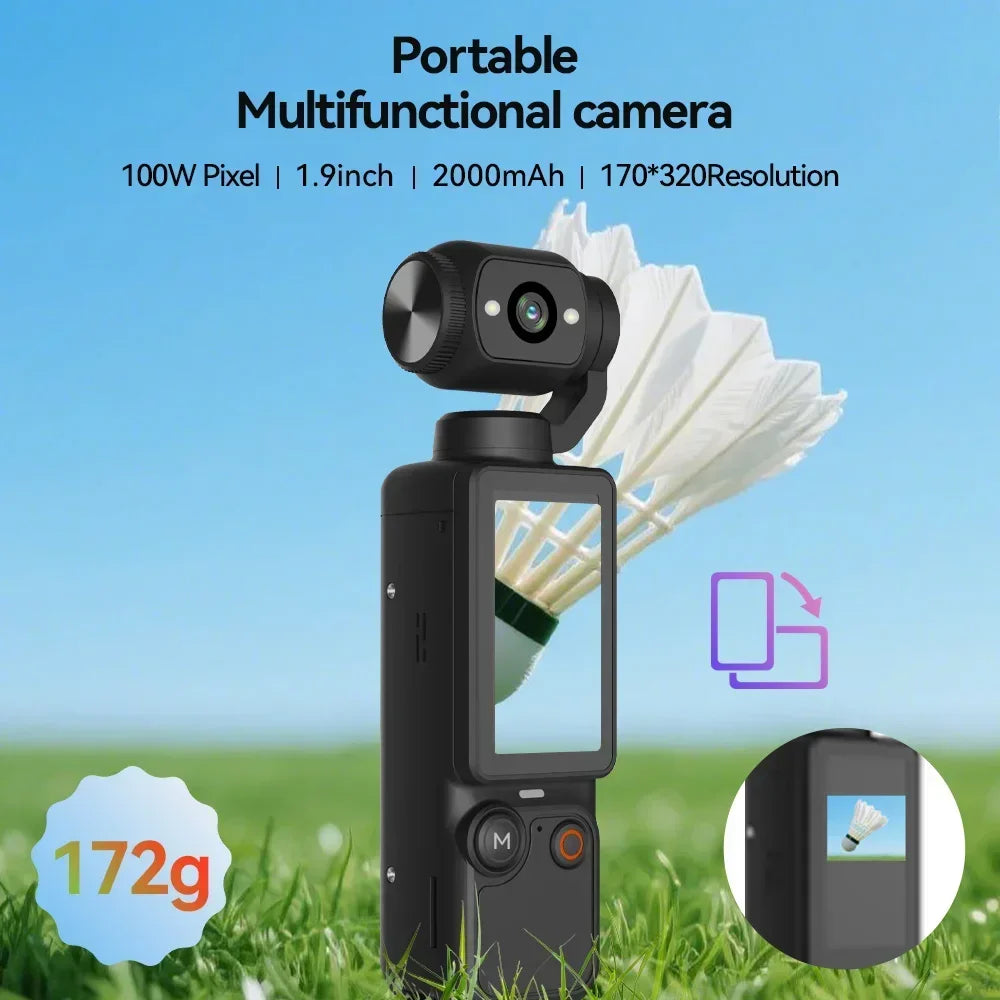 Black handheld gimbal camera with a 1.9-inch display, 100W pixel sensor, 2000mAh battery, and rotating lens head.