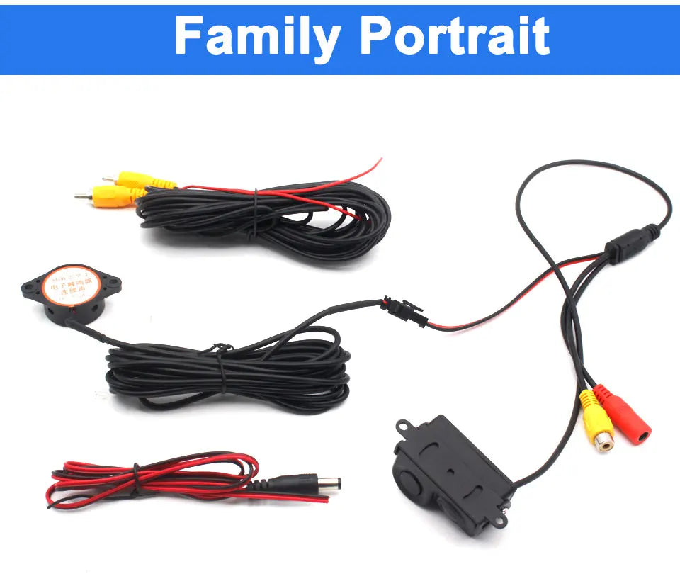 HD vehicle backup camera kit with parking sensor, black wiring, and RCA connectors on a white background.
