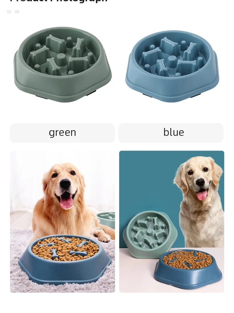 Green and blue slow feeder dog bowls with a bone-shaped internal puzzle design, shown with golden retrievers.