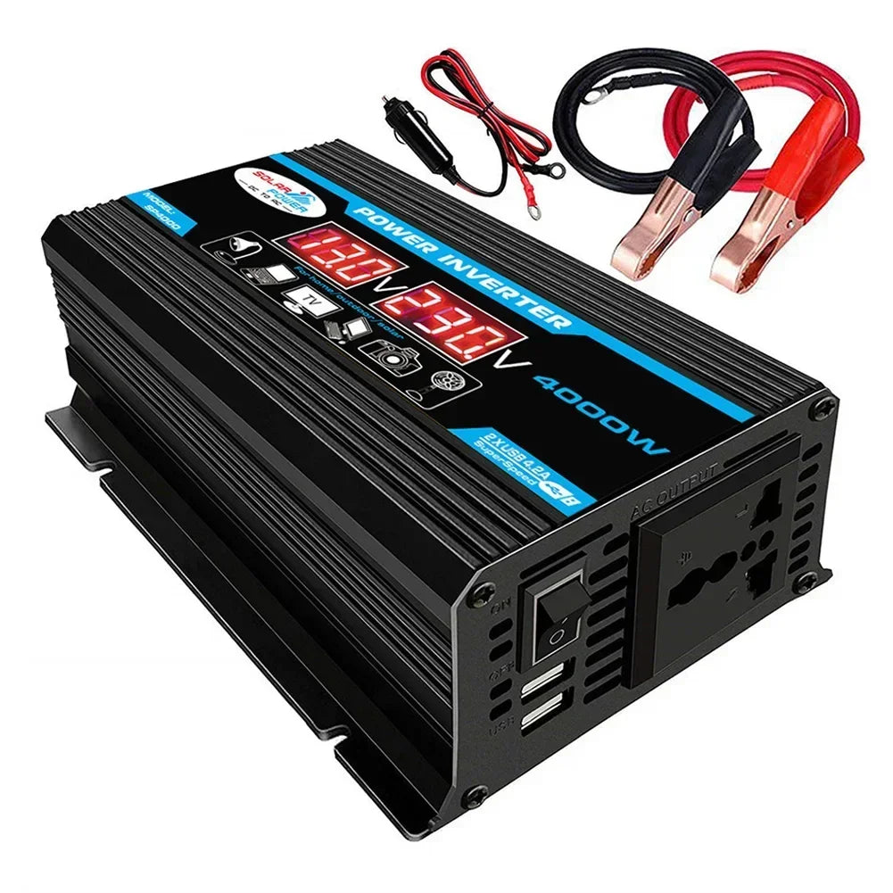 Black car power inverter with digital display, dual USB ports, AC socket, and battery connection cables.