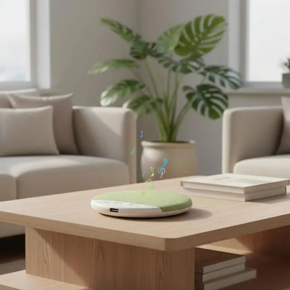 A slim, circular green and white Bluetooth sleep speaker sitting on a wooden coffee table with floating music notes.