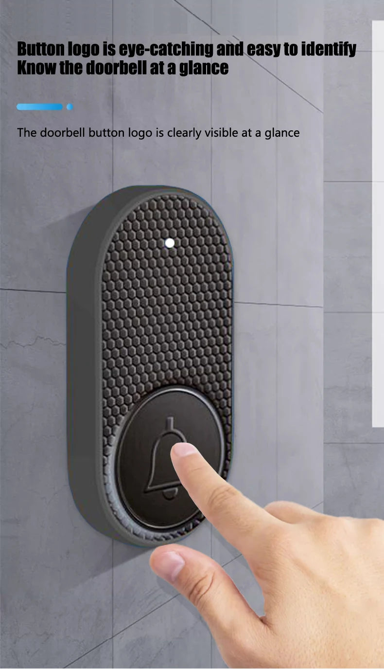 Modern black wireless doorbell with a textured, oval design and an illuminated bell icon button.