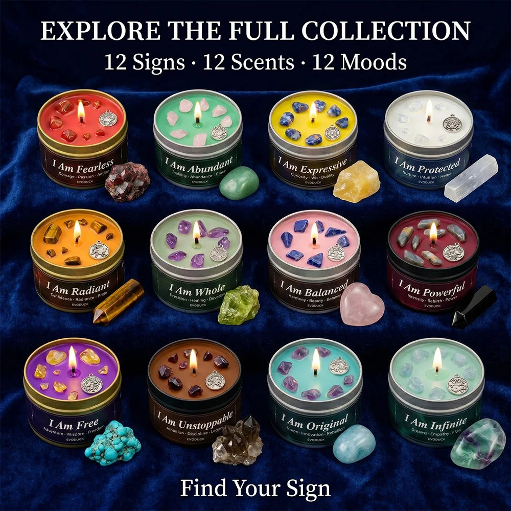 Twelve scented zodiac candles in tin containers, each topped with crystals and affirmations on a blue velvet backdrop.