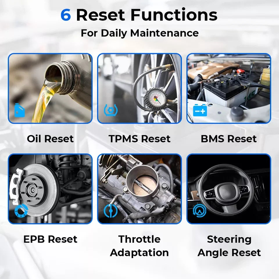 Six images showing car maintenance functions: Oil, TPMS, BMS, EPB reset, Throttle adaptation, Steering angle.