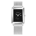 Men’s square quartz watch with a black face, silver-tone stainless steel case, and a mesh strap with a date window.